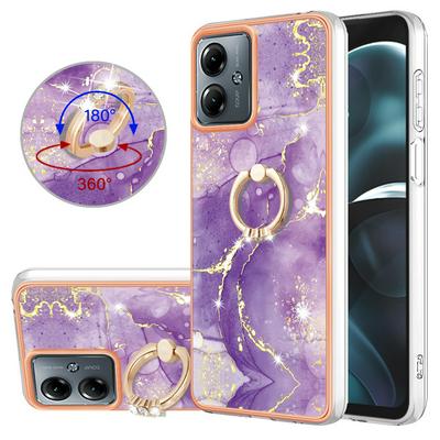 For Motorola Moto G14 YB IMD Series Marble Pattern Electroplating Case Ring Grip Kickstand Soft TPU IMD Phone Cover