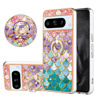 For Google Pixel 8 Pro IMD Series-6 Ring Kickstand Feature Anti-wear Electroplated Frame TPU Case IMD Protective Back Cover