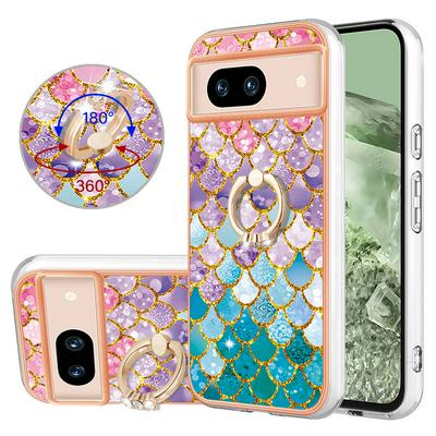 For Google Pixel 8A IMD Series-6 Ring Kickstand Feature Anti-wear Electroplated Frame TPU Case IMD Protective Back Cover