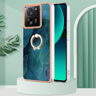 For Xiaomi 13T/13T Pro YB IMD Series Marble Pattern Electroplating Case Ring Grip Kickstand Soft TPU IMD Phone Cover