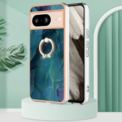 For Google Pixel 8 YB IMD Series Marble Pattern Electroplating Case Ring Grip Kickstand Soft TPU IMD Phone Cover