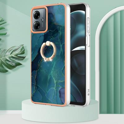 For Motorola Moto G14 YB IMD Series Marble Pattern Electroplating Case Ring Grip Kickstand Soft TPU IMD Phone Cover