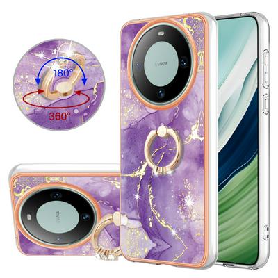 For Huawei Mate 60 YB IMD Series Marble Pattern Electroplating Case Ring Grip Kickstand Soft TPU IMD Phone Cover
