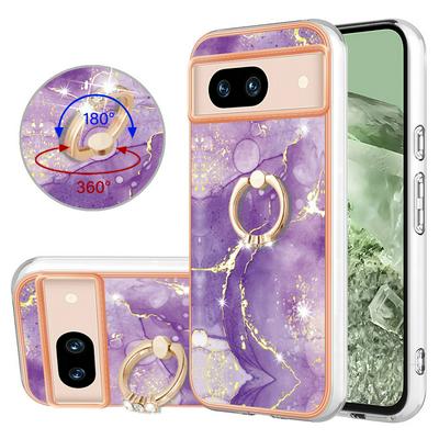 For Google Pixel 8A YB IMD Series Marble Pattern Electroplating Case Ring Grip Kickstand Soft TPU IMD Phone Cover
