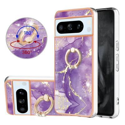 For Google Pixel 8 Pro YB IMD Series Marble Pattern Electroplating Case Ring Grip Kickstand Soft TPU IMD Phone Cover