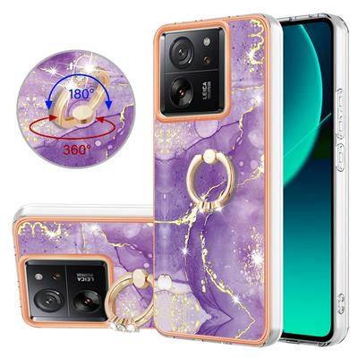 For Xiaomi 13T/13T Pro YB IMD Series Marble Pattern Electroplating Case Ring Grip Kickstand Soft TPU IMD Phone Cover