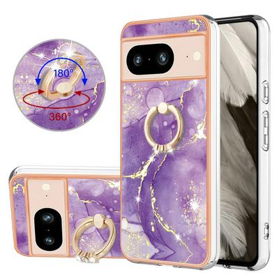 For Google Pixel 8 YB IMD Series Marble Pattern Electroplating Case Ring Grip Kickstand Soft TPU IMD Phone Cover
