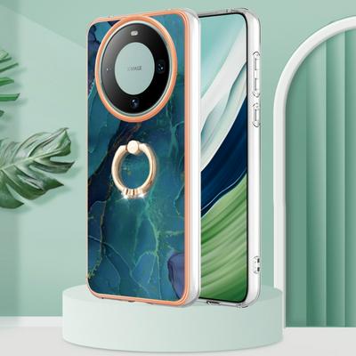 For Huawei Mate 60 YB IMD Series Marble Pattern Electroplating Case Ring Grip Kickstand Soft TPU IMD Phone Cover