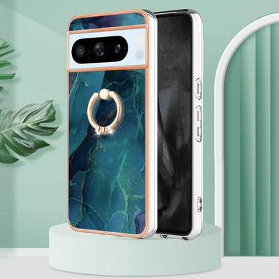 For Google Pixel 8 Pro YB IMD Series Marble Pattern Electroplating Case Ring Grip Kickstand Soft TPU IMD Phone Cover