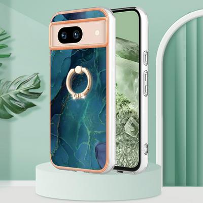 For Google Pixel 8A YB IMD Series Marble Pattern Electroplating Case Ring Grip Kickstand Soft TPU IMD Phone Cover