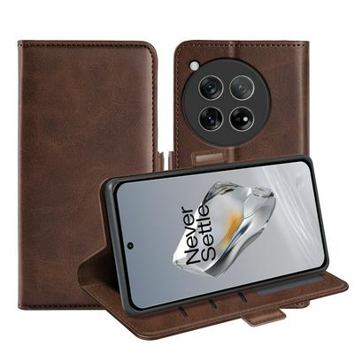 For OnePlus 12 Double Buckle Wallet Style Folio Flip Leather Case with Stand and Card Slots Function