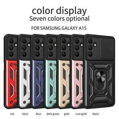 For Samsung Galaxy A15 Ring Holder Kickstand Camera Slide Cover Design PC + TPU Phone Back Cover Case