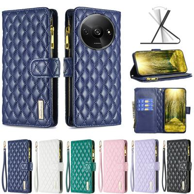 BINFEN COLOR BF15 for Xiaomi Redmi A3 Anti-drop Zipper Pocket Phone Case Imprinted Rhombus Pattern Flip Wallet Cover Stand