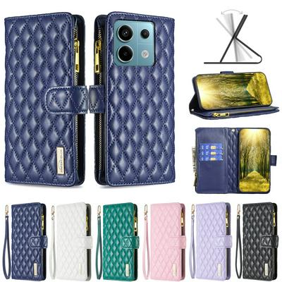 BINFEN COLOR BF15 for Xiaomi Redmi Note 13 Pro 4G Anti-drop Zipper Pocket Phone Case Imprinted Rhombus Pattern Flip Wallet Cover Stand