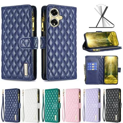 BINFEN COLOR BF15 for Oppo A59 5G Anti-drop Zipper Pocket Phone Case Imprinted Rhombus Pattern Flip Wallet Cover Stand