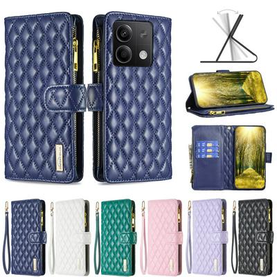 BINFEN COLOR BF15 for Xiaomi Redmi Note 13 4G Anti-drop Zipper Pocket Phone Case Imprinted Rhombus Pattern Flip Wallet Cover Stand