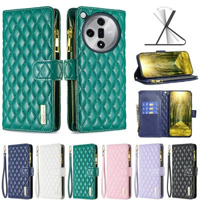 BINFEN COLOR BF15 for Oppo Find X7 Anti-drop Zipper Pocket Phone Case Imprinted Rhombus Pattern Flip Wallet Cover Stand
