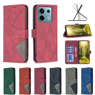 BF05 For Xiaomi Redmi Note 13 Pro 4G Stitching Rhombus Pattern Folio Flip PU Leather Wallet Phone Case