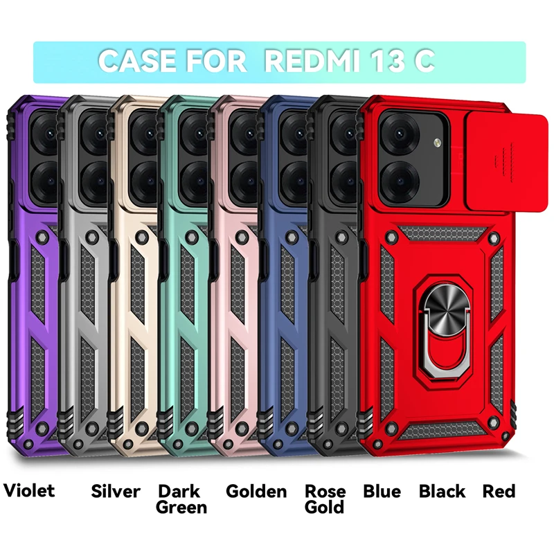 Xiaomi Redmi 13C Ring Holder Kickstand Camera Slide Cover Design PC + TPU Phone Back Cover Case