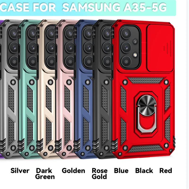 Samsung Galaxy A35 Ring Holder Kickstand Camera Slide Cover Design PC + TPU Phone Back Cover Case