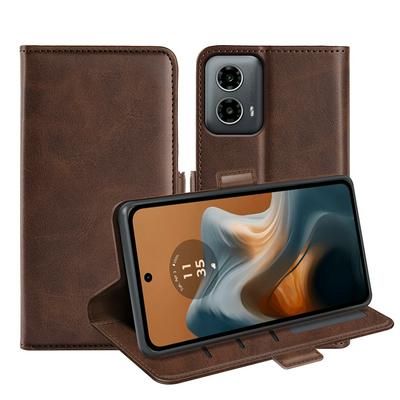For Motorola Moto G34 Double Buckle Wallet Style Folio Flip Leather Case with Stand and Card Slots Function