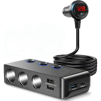 TR30P Car Cigarete Socket 12V/24V Extenshion ON/OFF Switch QC3.0/PD65W Fast Charging Cigarette Lighter Adapter 4 USB Ports