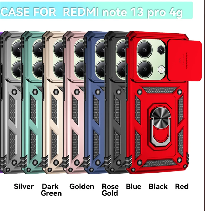 For Xiaomi Redmi Note 13 Pro 4G Ring Holder Kickstand Camera Slide Cover Design PC + TPU Phone Back Cover Case