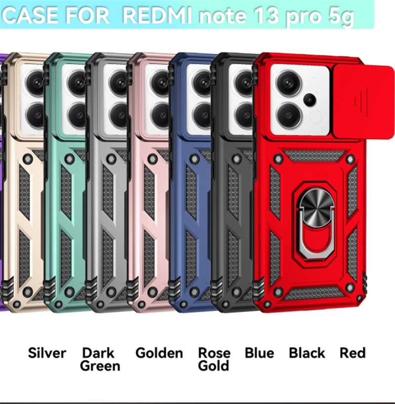 For Xiaomi Redmi Note 13 Pro 5G Ring Holder Kickstand Camera Slide Cover Design PC + TPU Phone Back Cover Case