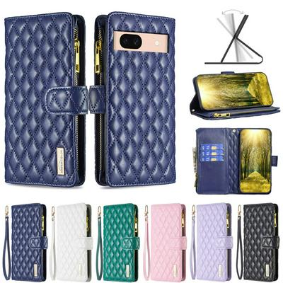 BINFEN COLOR BF15 for Google Pixel 8A Anti-drop Zipper Pocket Phone Case Imprinted Rhombus Pattern Flip Wallet Cover Stand