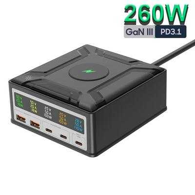260W USB C GaN Charger, PD3.1 140W 100W Fast Charging Station, Wireless Desktop Power Adapter for MacBook Pro iPhone 15 Samsung