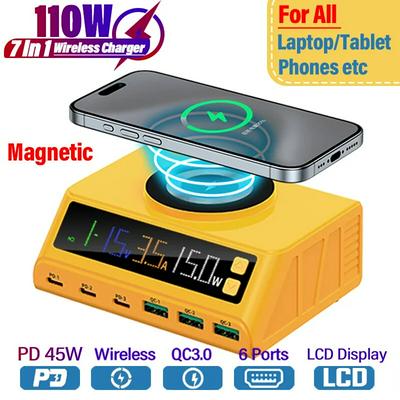 110W 6 Port USB Charger Station Fast Magnetic Wireless Charging QC3.0 PD3.0 Quick Charge For All Phone Laptop iPhone iPad Xiaomi