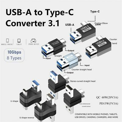 USB 3.0 Type-A Male to USB 3.1 Type-C Male Data Sync 10Gbps Charge Adapter for Laptop Phone