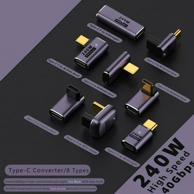 USB 4.0 PD 240W 8K 60Hz Charger Connector for Macbook 40Gbps High Speed USB C OTG U-Shape Straight Angle Male to Female Adapter