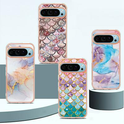 For Google Pixel 9 Pro IMD Anti-dirt Anti-scratch Soft TPU Case Electroplating Edge IMD Marble Floral Pattern Cover