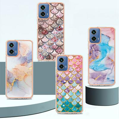 For Motorola Moto G34 IMD Anti-dirt Anti-scratch Soft TPU Case Electroplating Edge IMD Marble Floral Pattern Cover