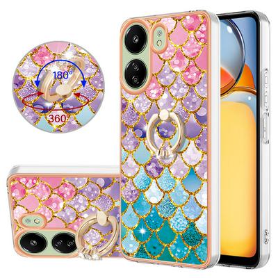 For Xiaomi Redmi 13C 4G IMD Series-6 Ring Kickstand Feature Anti-wear Electroplated Frame TPU Case IMD Protective Back Cover