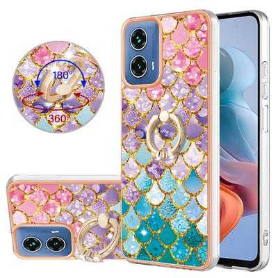 For Motorola Moto G34 IMD Series-6 Ring Kickstand Feature Anti-wear Electroplated Frame TPU Case IMD Protective Back Cover