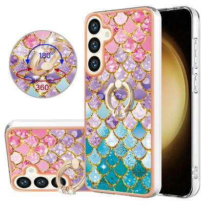 For Samsung Galaxy S24 IMD Series-6 Ring Kickstand Feature Anti-wear Electroplated Frame TPU Case IMD Protective Back Cover