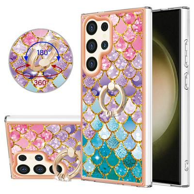 For Samsung Galaxy S24 Ultra IMD Series-6 Ring Kickstand Feature Anti-wear Electroplated Frame TPU Case IMD Protective Back Cover