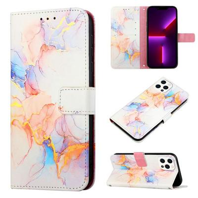 For iPhone 14 Pro Max Marble Pattern Scratch Resistant Magnetic Buckle Flip Leather Case with Wrist Strap