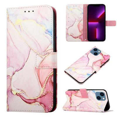 For iPhone 14 Plus Marble Pattern Scratch Resistant Magnetic Buckle Flip Leather Case with Wrist Strap