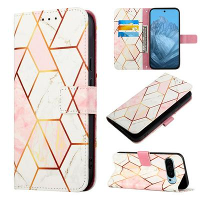 For Google Pixel 9 Marble Pattern Scratch Resistant Magnetic Buckle Flip Leather Case with Wrist Strap