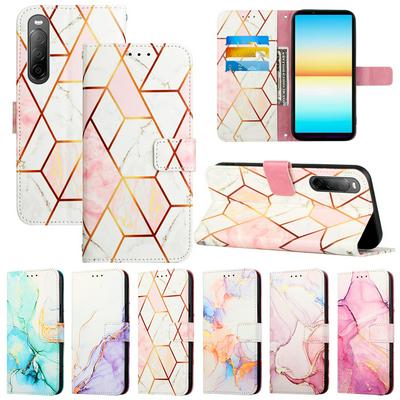 For Sony Xperia 10 IV Marble Pattern Scratch Resistant Magnetic Buckle Flip Leather Case with Wrist Strap