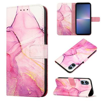 For Sony Xperia 5 V 2023 Marble Pattern Scratch Resistant Magnetic Buckle Flip Leather Case with Wrist Strap