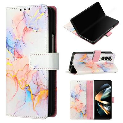 For Samsung Galaxy Z Fold 4 Marble Pattern Scratch Resistant Magnetic Buckle Flip Leather Case with Wrist Strap