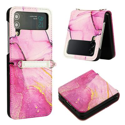For Samsung Galaxy Z Flip4 Marble Pattern Scratch Resistant Magnetic Buckle Flip Leather Case with Wrist Strap