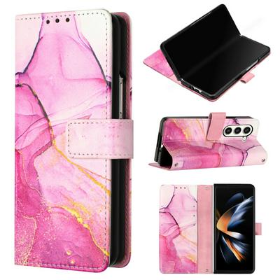 For Samsung Galaxy Z Fold 5 5G Marble Pattern Scratch Resistant Magnetic Buckle Flip Leather Case with Wrist Strap
