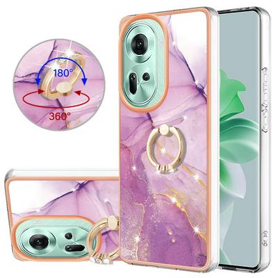 For Oppo Reno 11 5G YB IMD Series Marble Pattern Electroplating Case Ring Grip Kickstand Soft TPU IMD Phone Cover