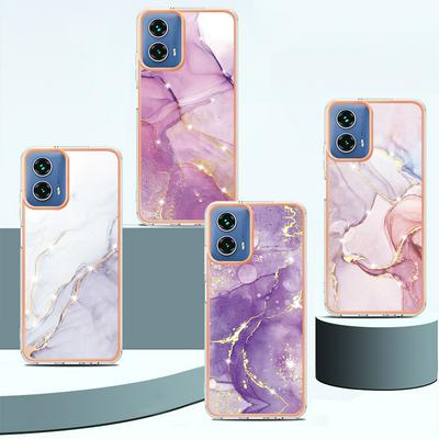For Motorola Moto G34 YB IMD Series Marble Pattern Electroplating Case Ring Grip Kickstand Soft TPU IMD Phone Cover