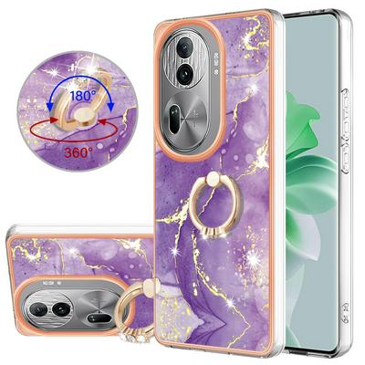 For Oppo Reno 11 Pro 5G/Reno 11 5G YB IMD Series Marble Pattern Electroplating Case Ring Grip Kickstand Soft TPU IMD Phone Cover